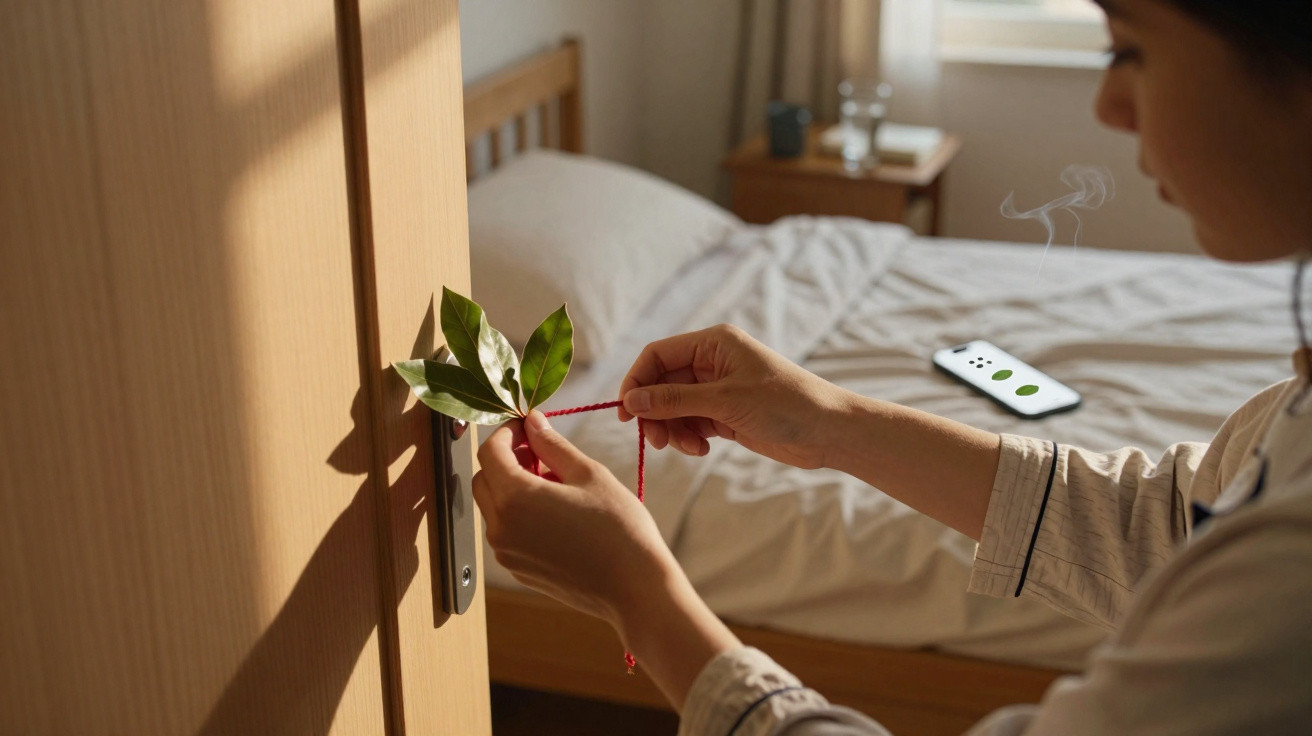 Person tying a red string with green leaves to a door handle in a sunlit bedroom.