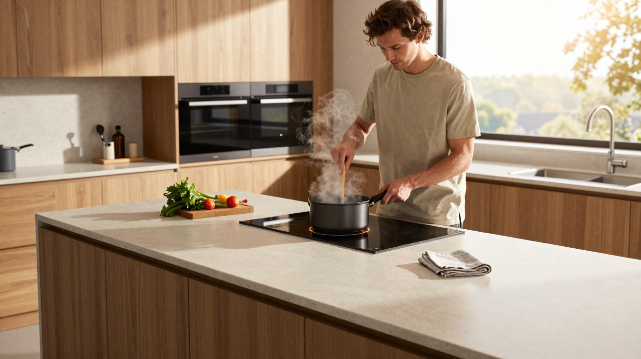 Man stirring steaming pot on stove in bright modern kitchen with wooden cabinets and chopping board.