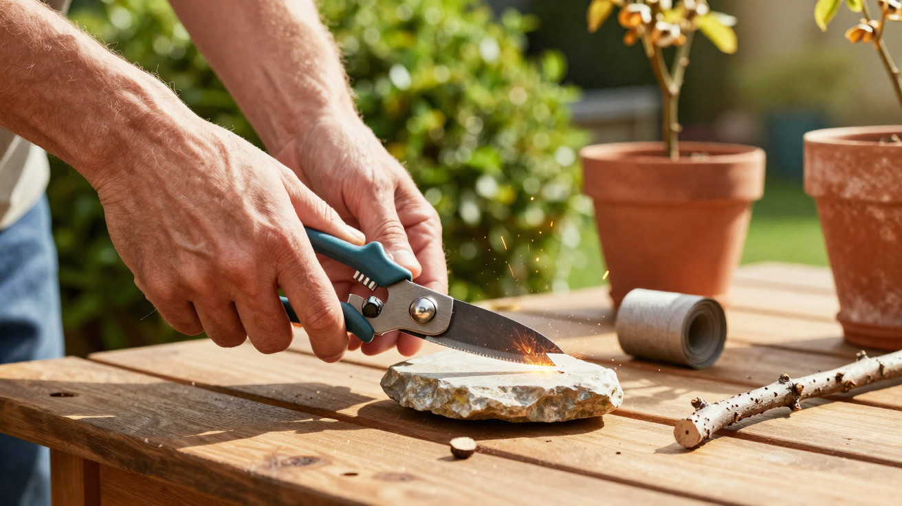 Hands using a saw with blue handles to cut a flat stone on a wooden table outdoors, sparks flying.