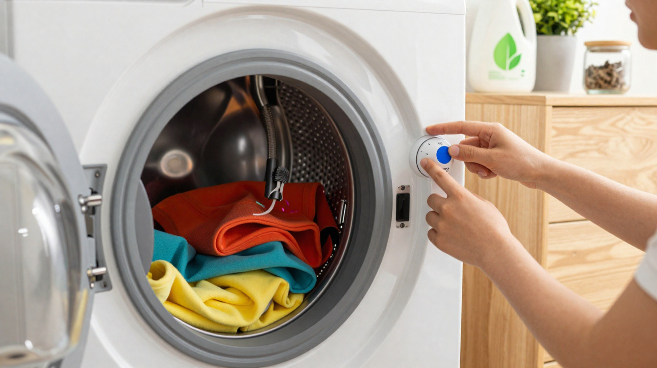 Person adjusting settings on a front-loading washing machine with colourful clothes inside and detergent nearby