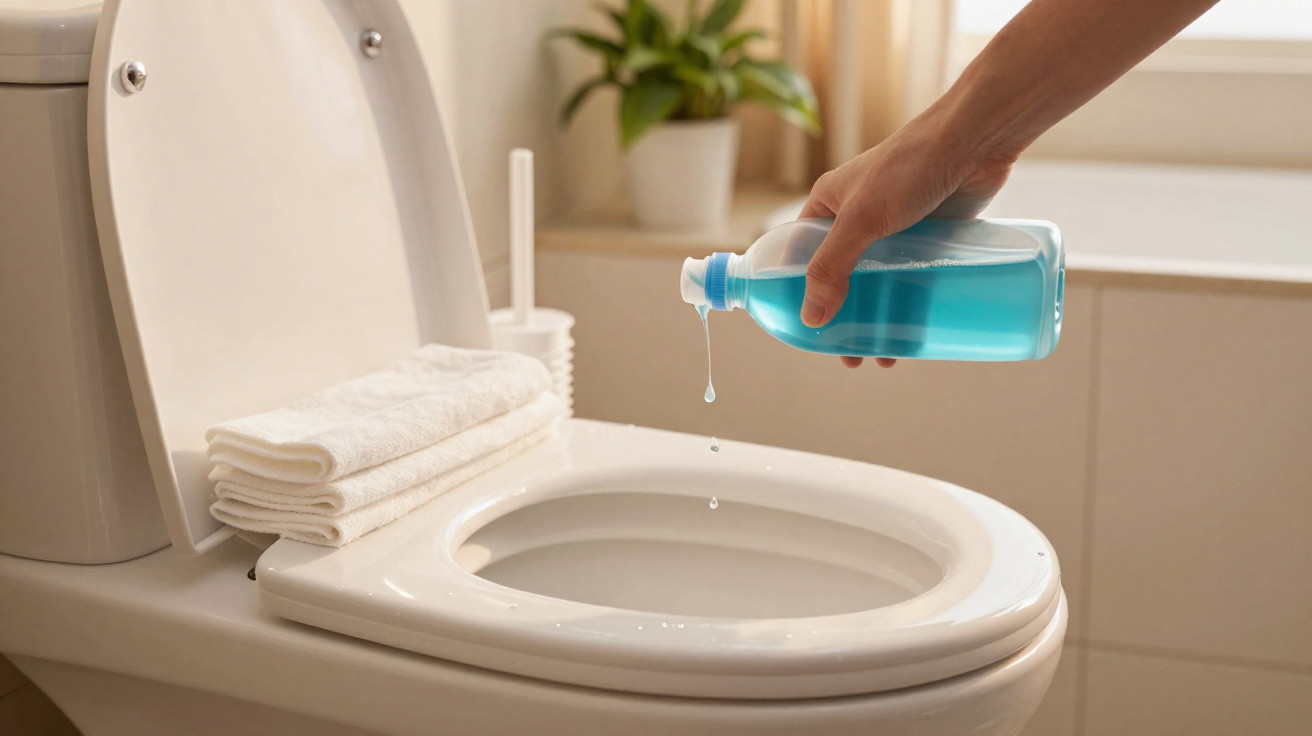 Hand pouring blue cleaning liquid into an open white toilet bowl with folded towels nearby.