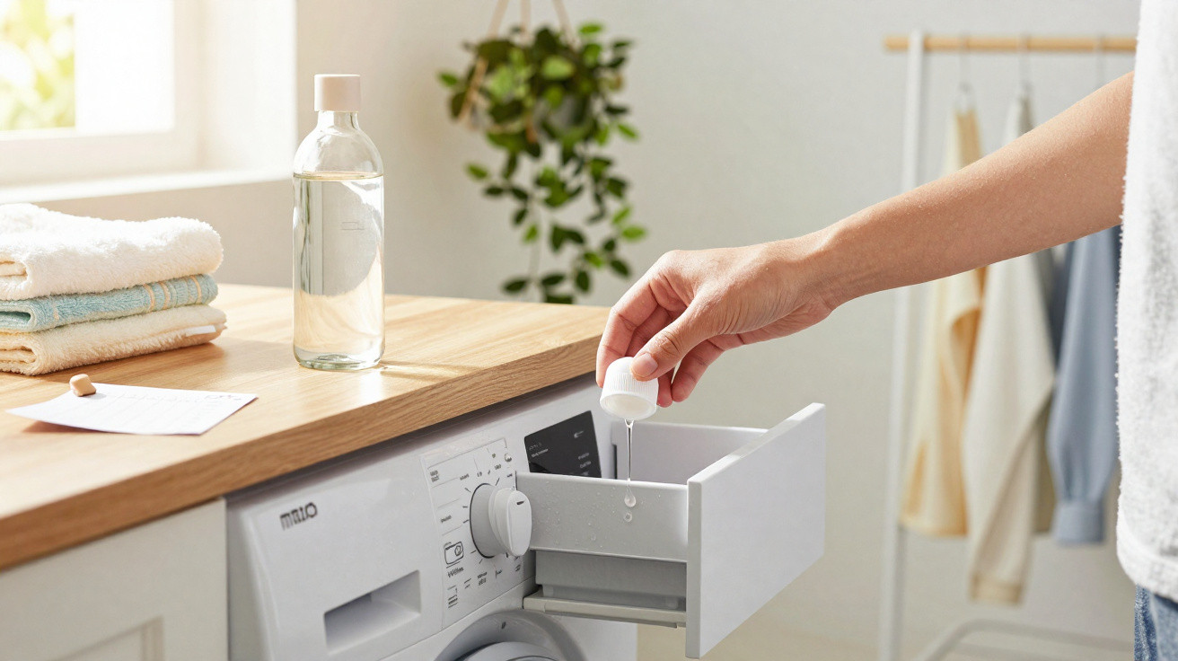 Person pouring liquid detergent into a washing machine detergent drawer in a bright laundry room.