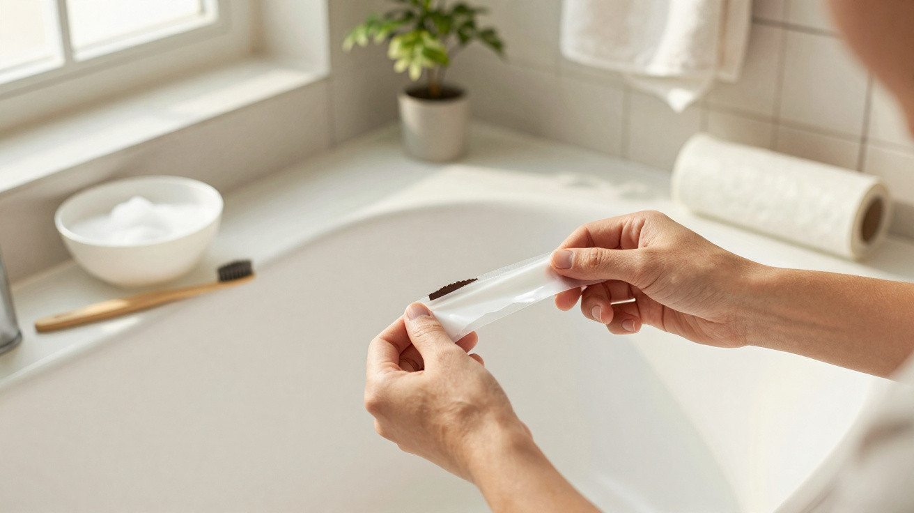 Hands holding a dental floss strip above a bathroom sink with toothbrush, bowl, and plant nearby.