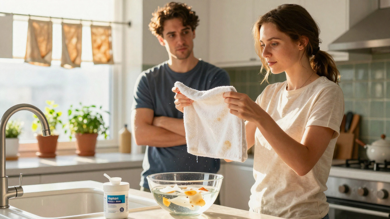 Young woman drying stain-covered cloth in kitchen while man watches with arms crossed