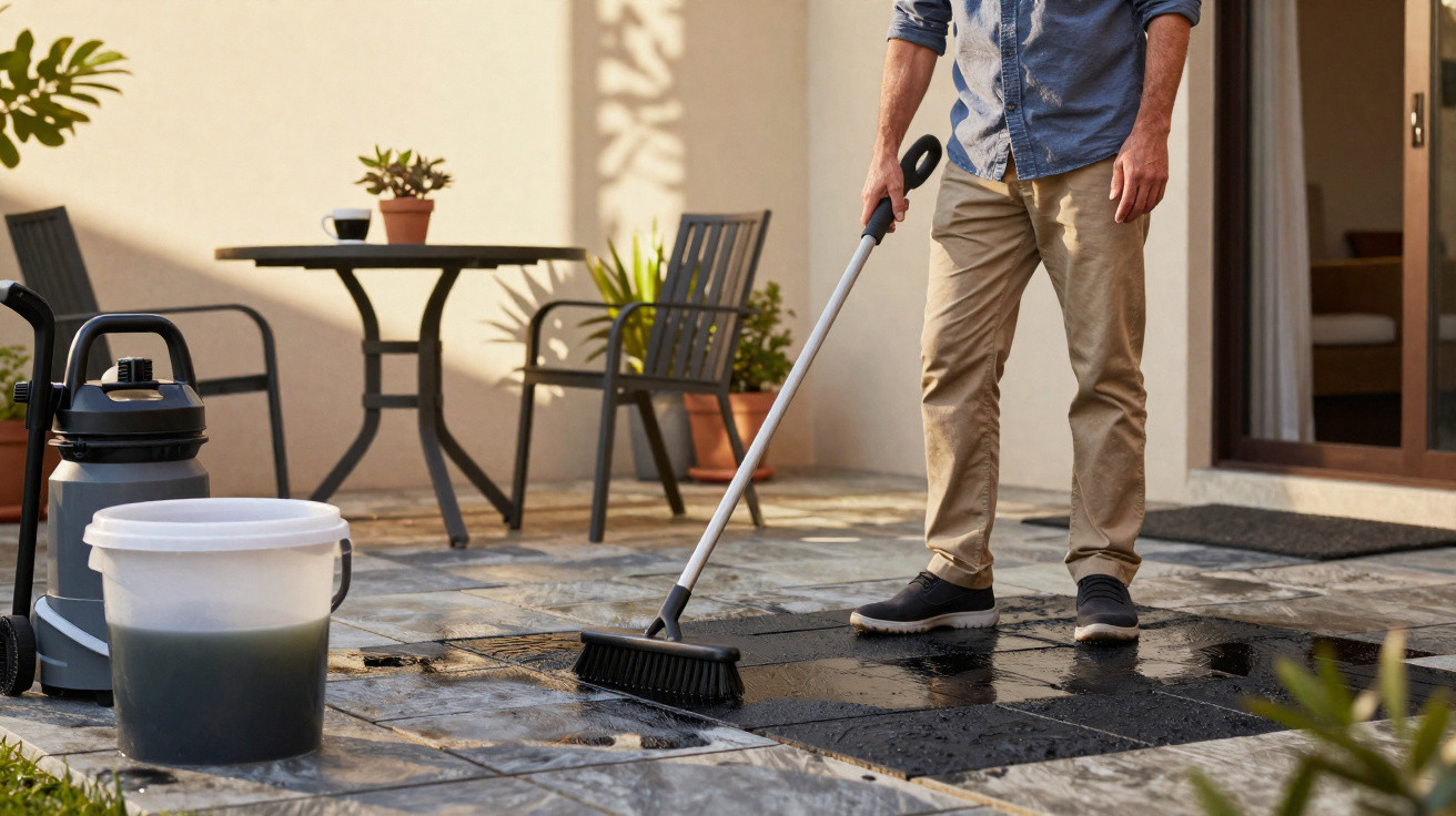 Person cleaning outdoor stone patio with broom beside a bucket and wet/dry vacuum cleaner in daylight.