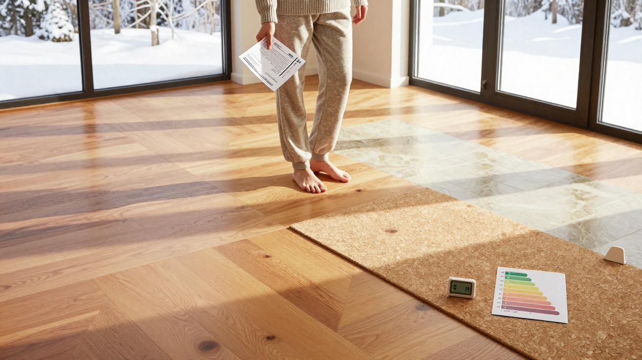 Person in cosy clothing holding papers in sunlit room with wooden floor and energy efficiency chart on rug