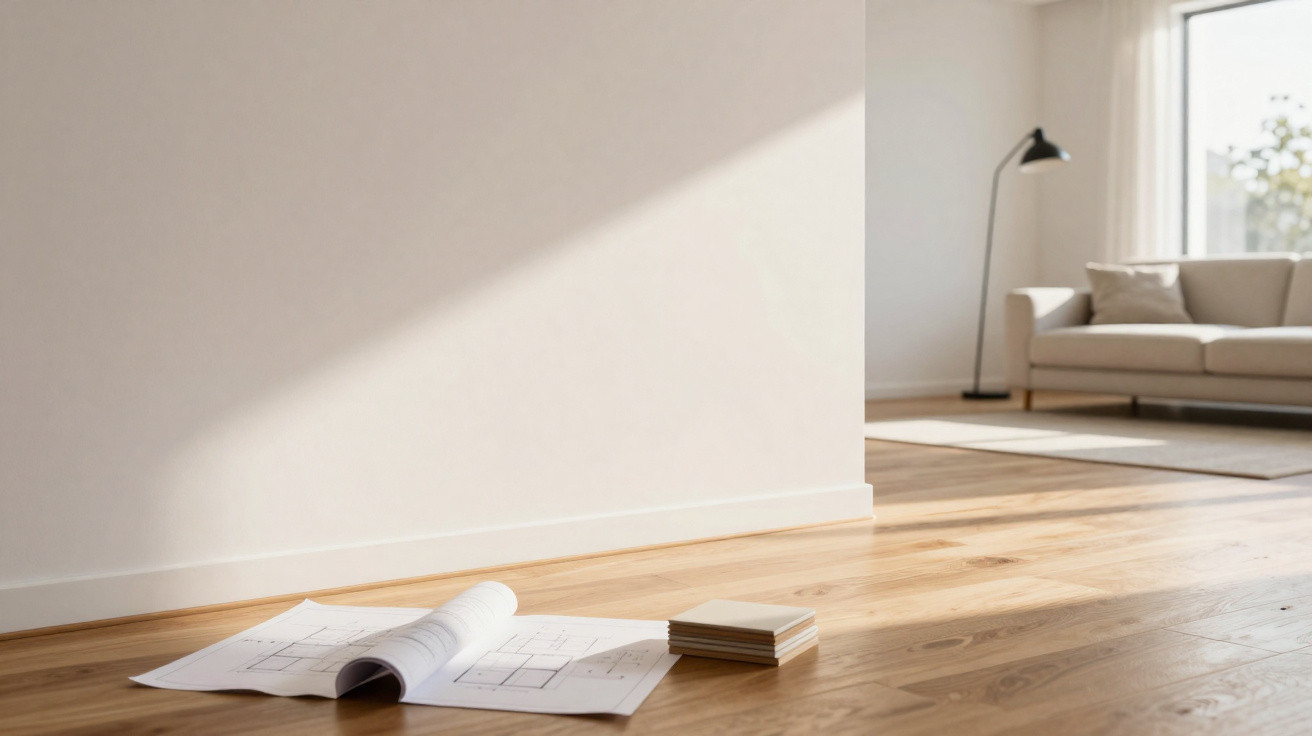 Rolled architectural plans and tile samples on wooden floor in a bright, sparsely furnished living room.