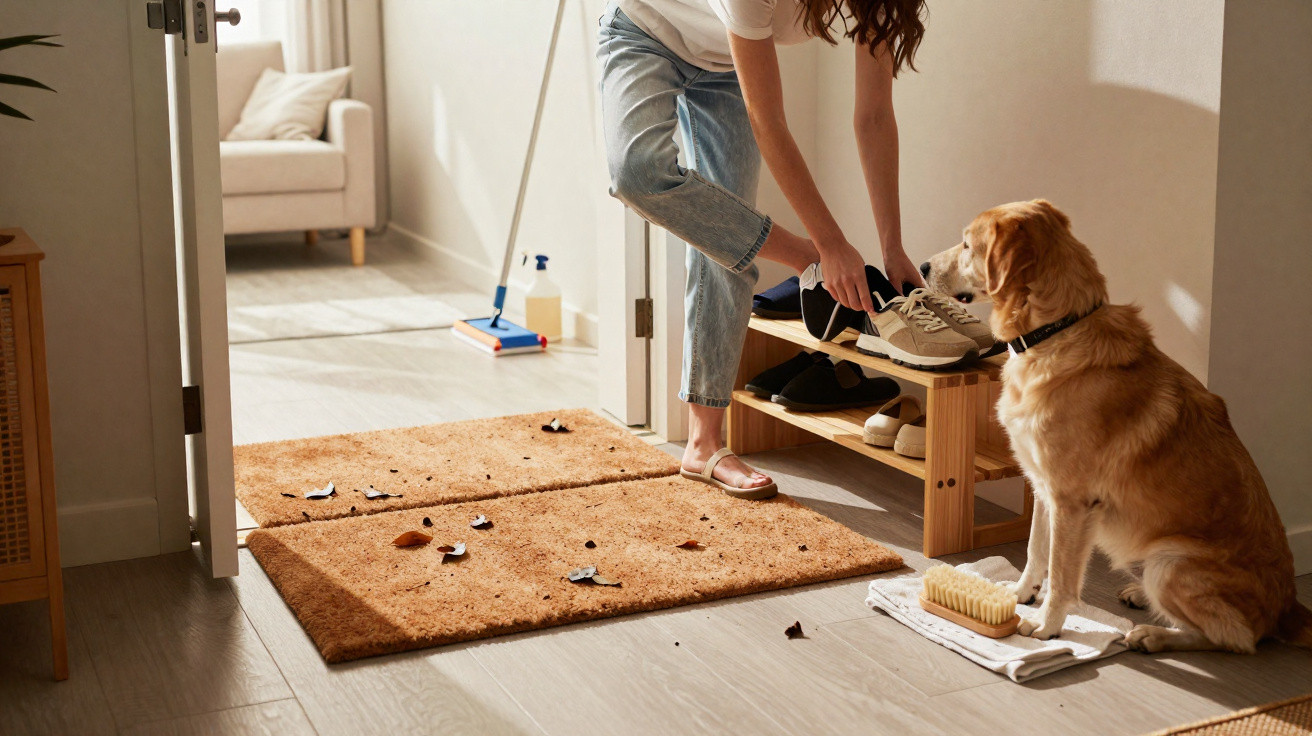 Person tidying shoes on a rack while a golden retriever sits nearby on a towel with a brush.
