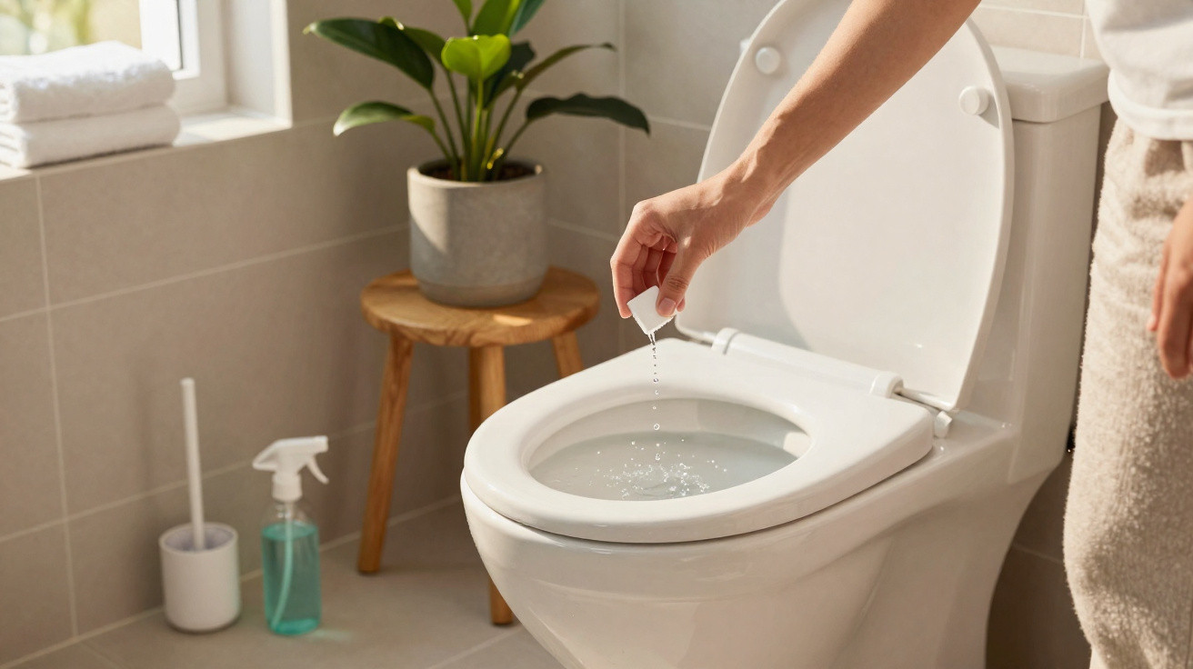 Person dropping a cleaning tablet into a toilet bowl in a bright, modern bathroom with plants and cleaning supplies.