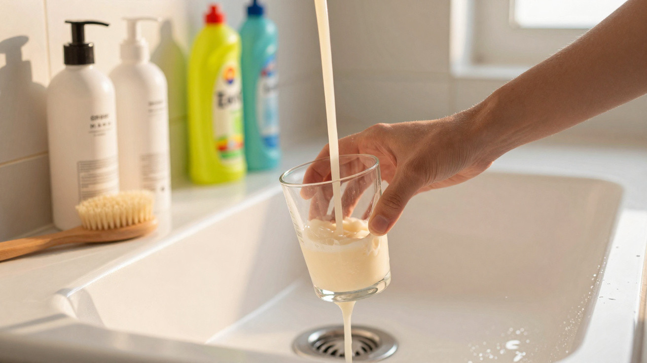 Hand pouring milk from a jug into a glass over a kitchen sink with cleaning products in the background.
