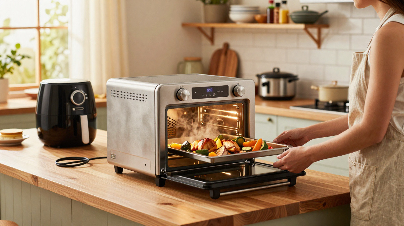 Person removing a tray of roasted vegetables and chicken from a countertop toaster oven in a kitchen.