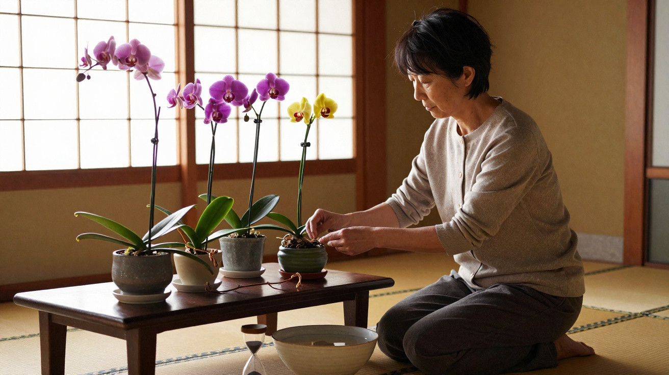 Person tending to orchids on a table in a traditional Japanese tatami room with shoji screens.
