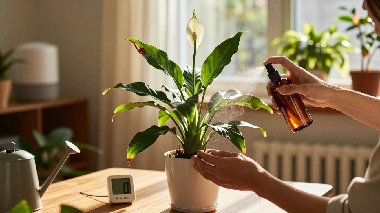 Person misting a peace lily plant in a white pot on a sunlit wooden table indoors.