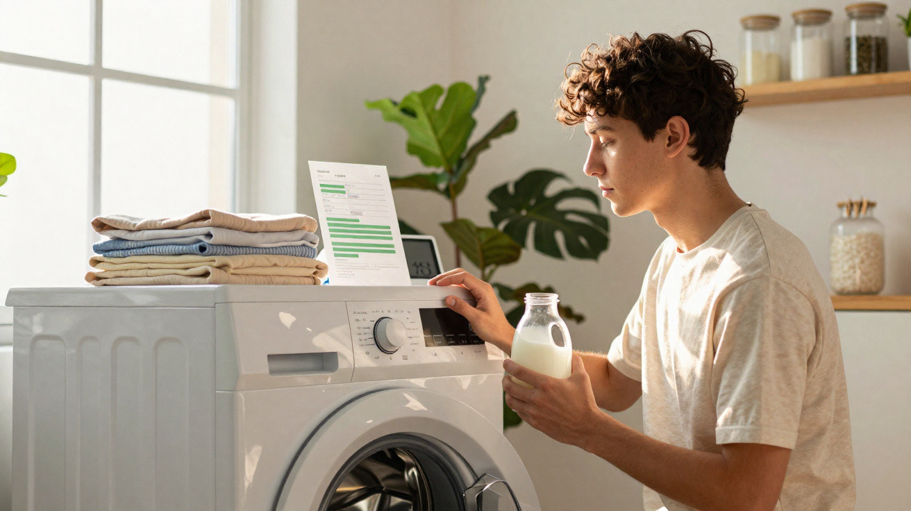 Young man holding a bottle of detergent, setting a washing machine in a bright laundry room.