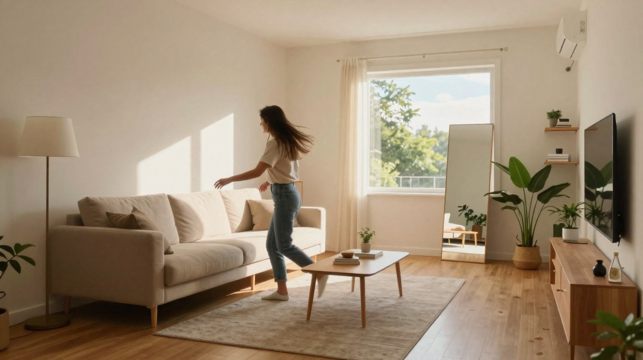 Woman arranging cushions on a beige sofa in a bright, modern living room with wooden floors and plants.