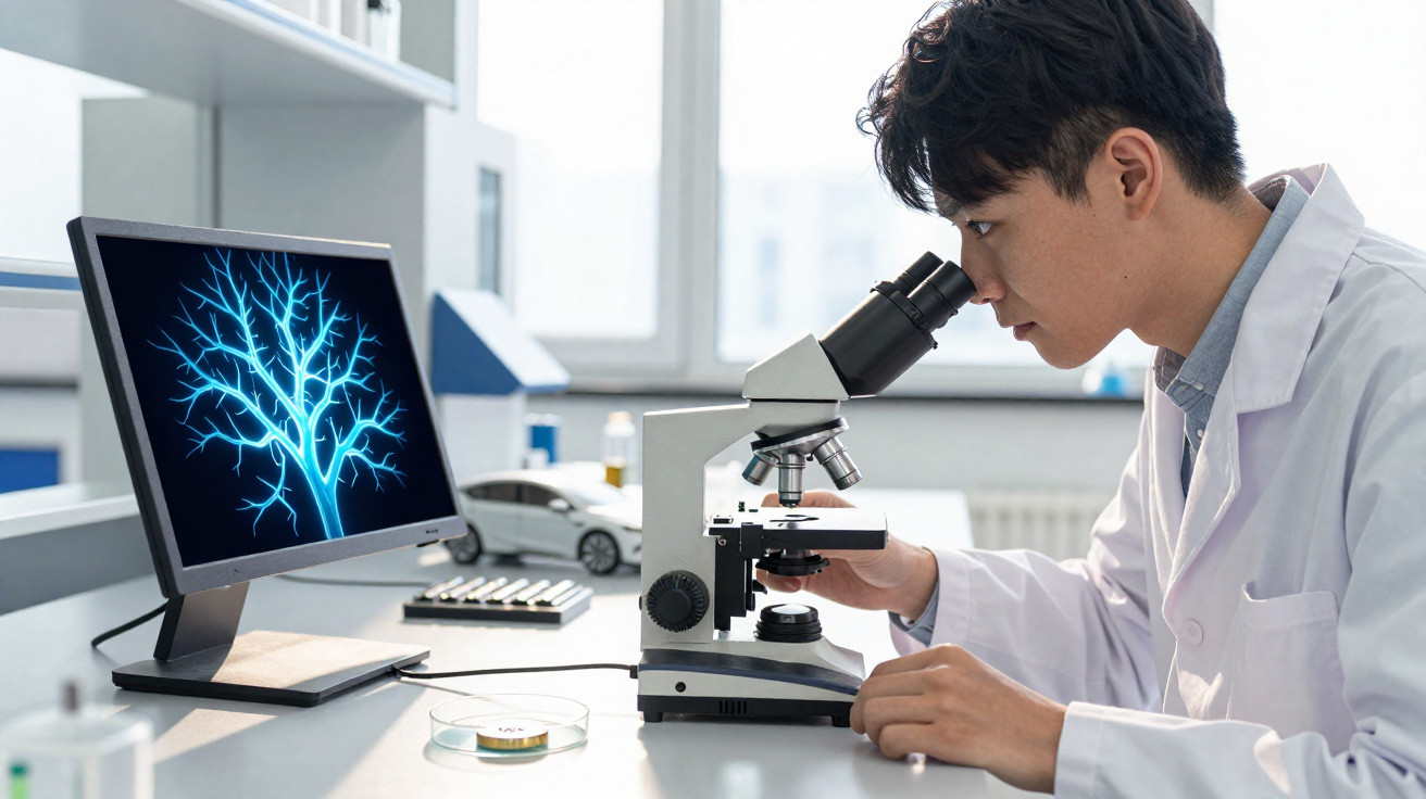 Scientist in a lab coat using a microscope with a digital screen displaying a branching neural network.