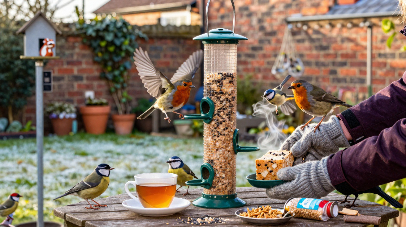 Various garden birds feeding from a seed feeder and food on a wooden table in a frosty backyard.