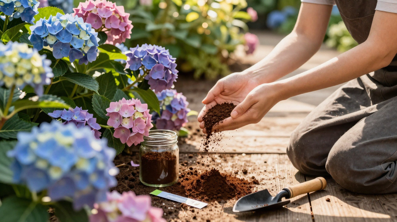 Person sprinkling soil on a wooden surface beside colourful hydrangea flowers in a garden.