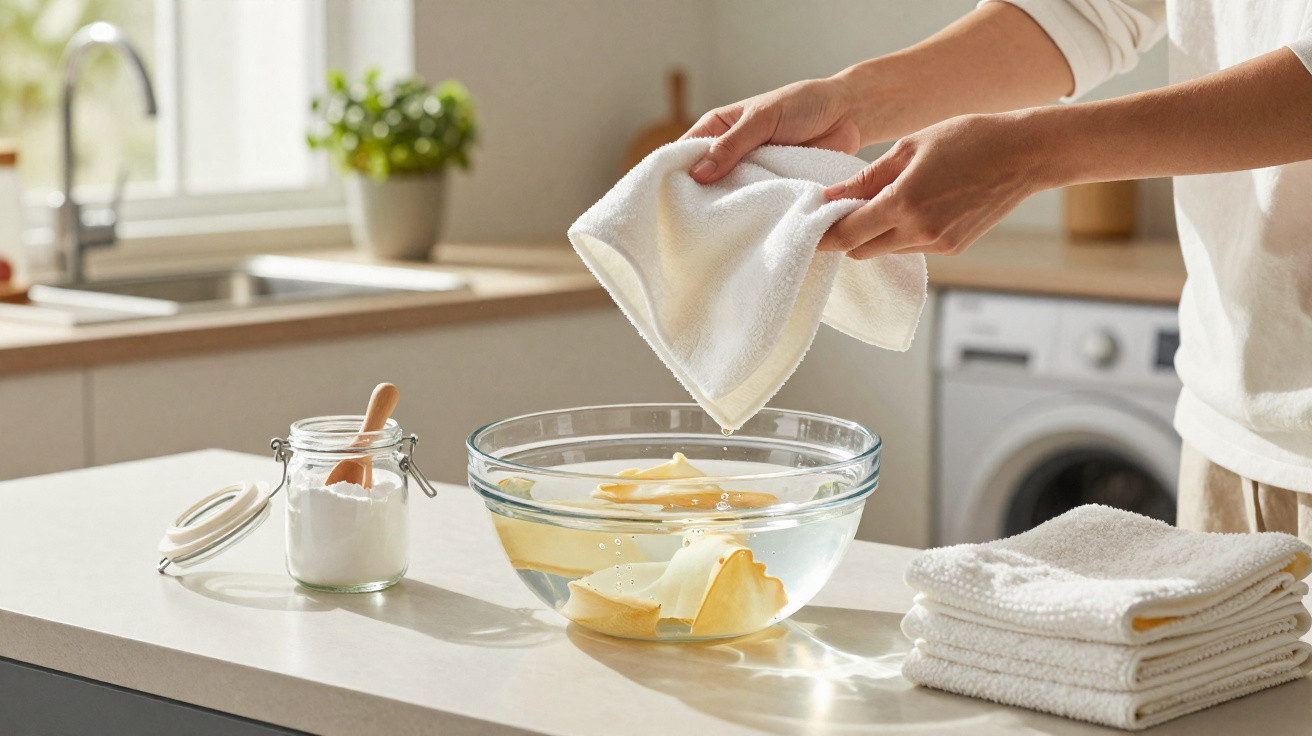 Person wringing out a white cloth above a glass bowl with yellow cloths in a bright kitchen.