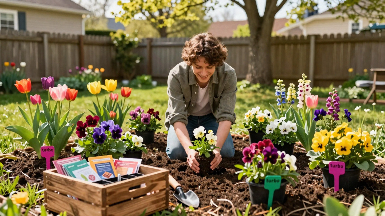 Woman planting flowers in a garden surrounded by colourful pansies and tulips on a sunny day.