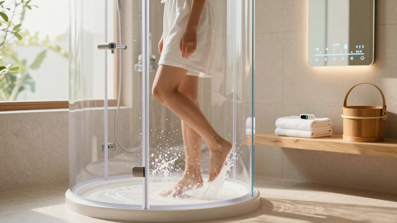 Person stepping into a modern glass shower enclosure in a bright, minimalist bathroom.