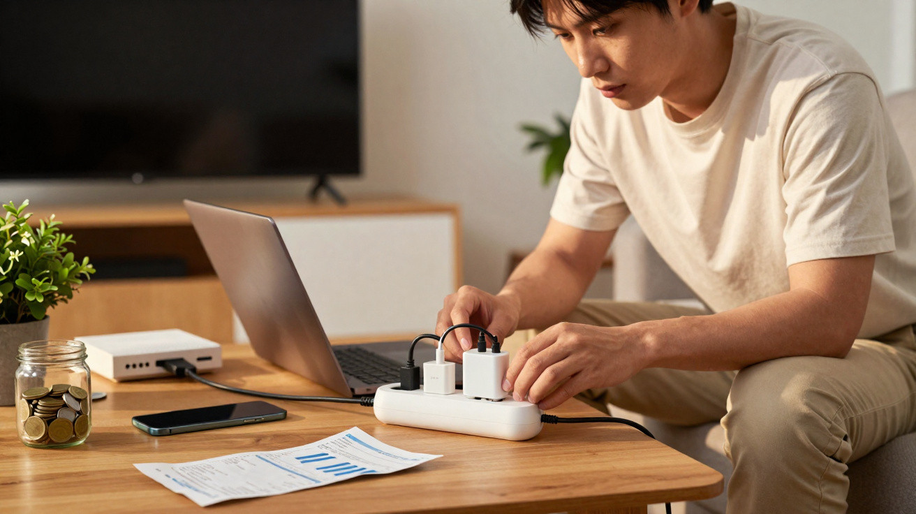 Man plugging multiple chargers into a power strip on a wooden table near a laptop and documents.
