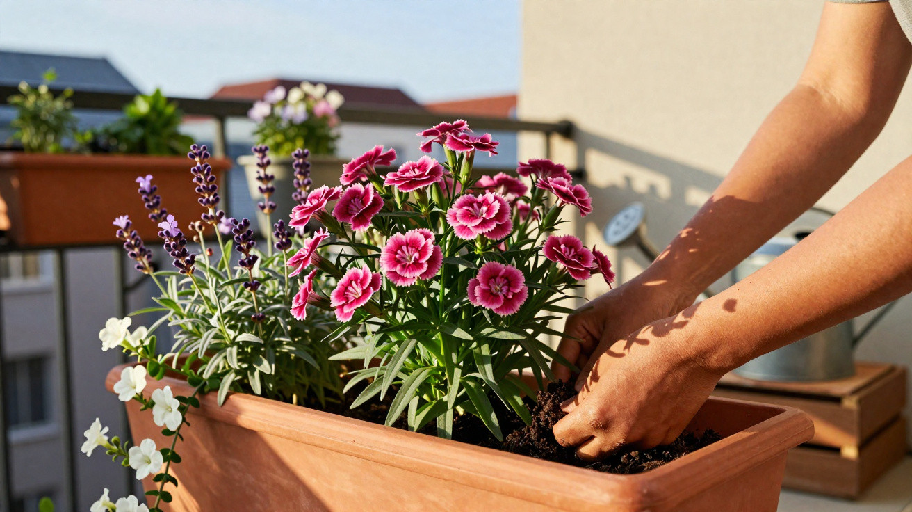 Person planting bright pink flowers in a rectangular terracotta planter on a sunny balcony garden.