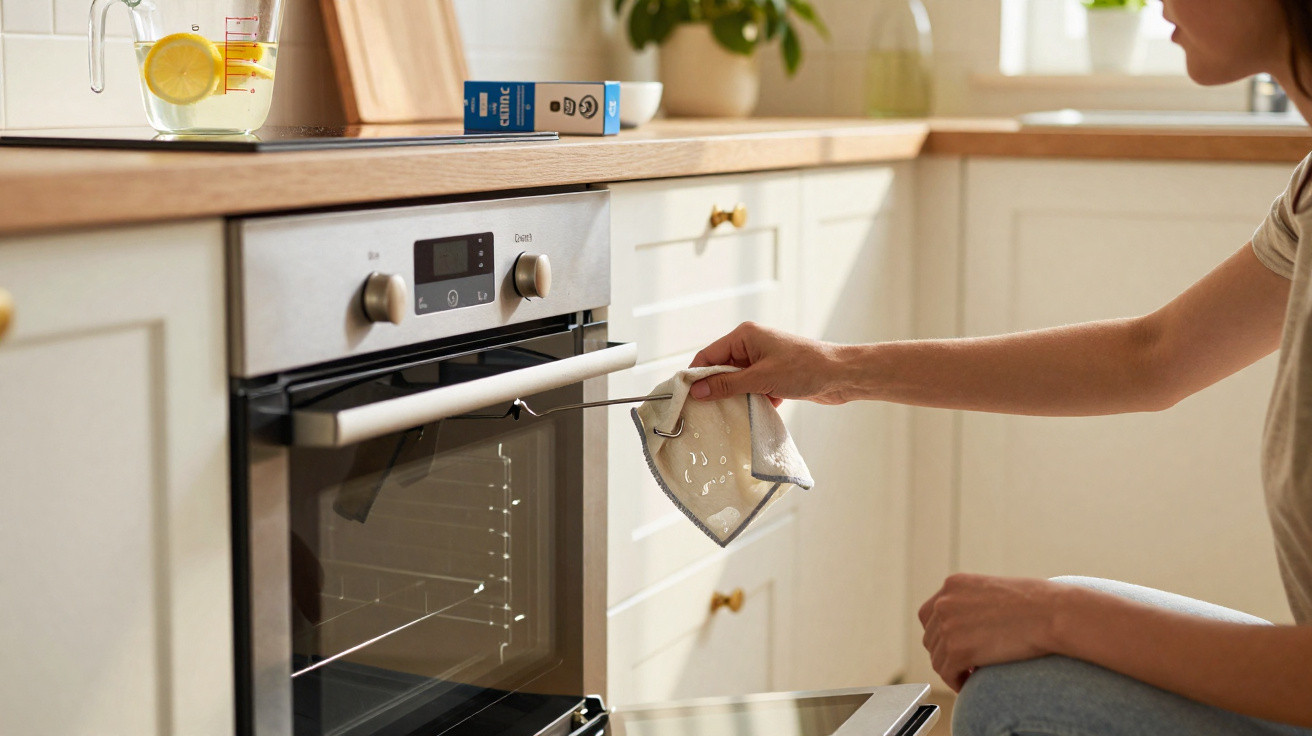 Person using a cloth to open a modern stainless steel oven in a bright kitchen.