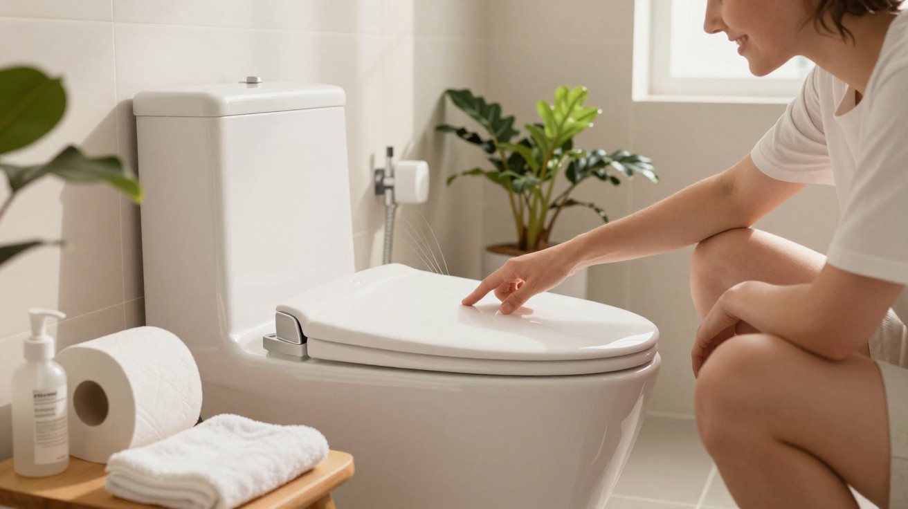 Person kneeling beside modern white toilet seat in bright bathroom with plants and toiletries nearby