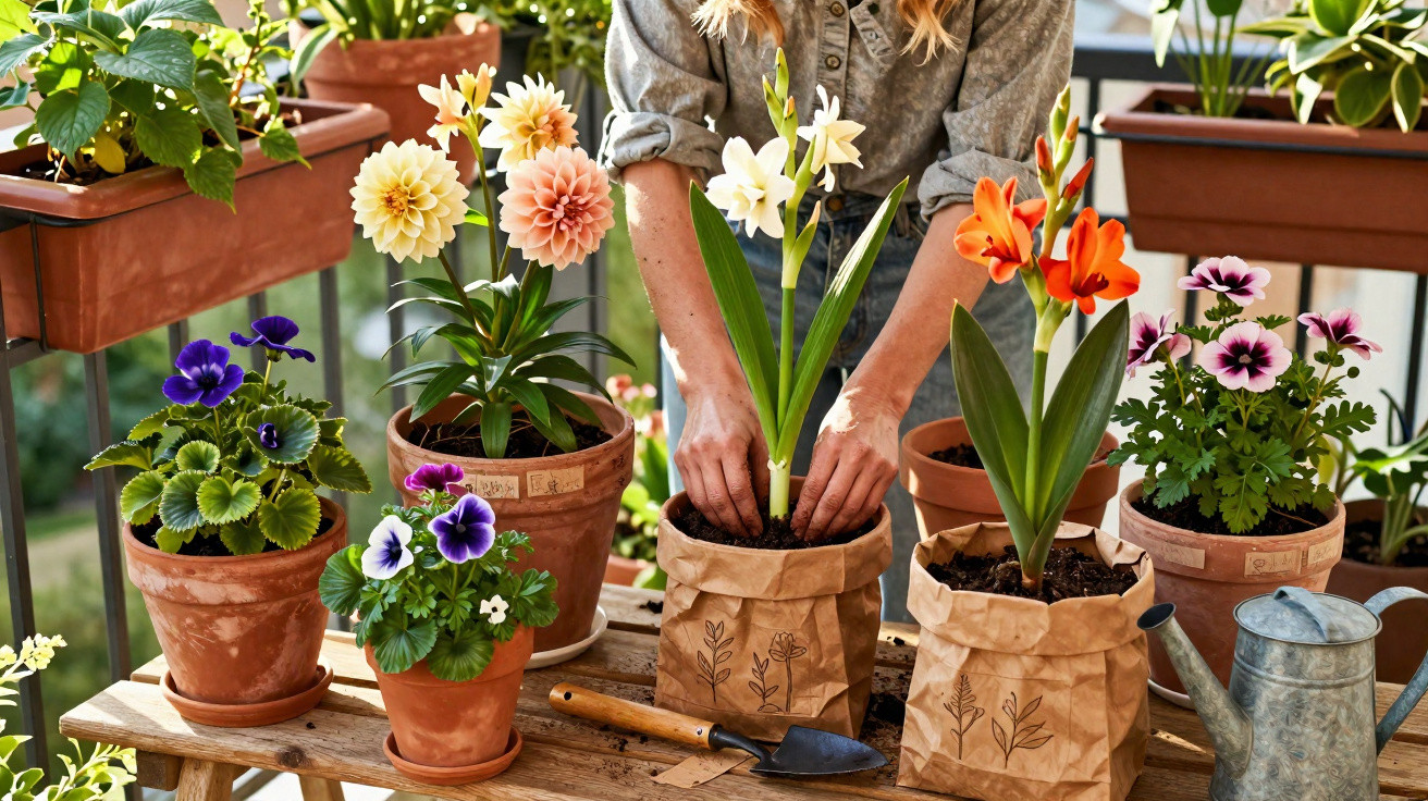 Person planting flowers in pots on a balcony with various colourful blooms and gardening tools.