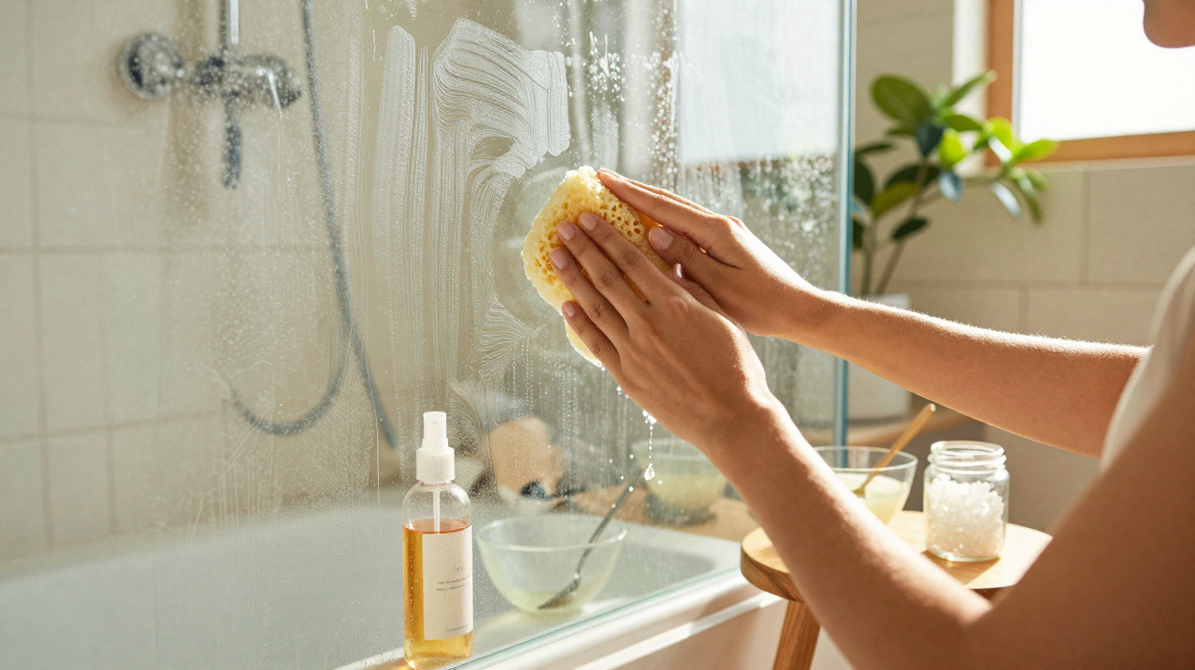 Person cleaning a glass shower door with a sponge in a bright bathroom with natural light.