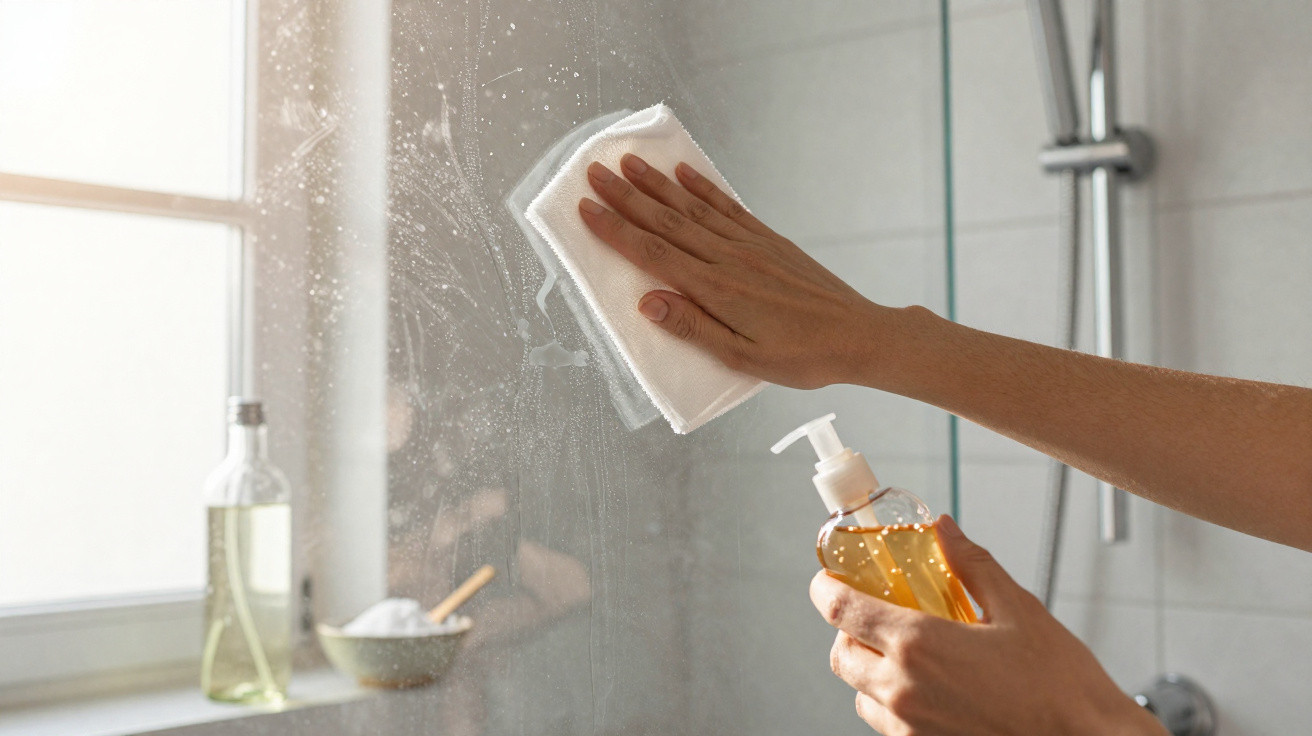 Person cleaning a bathroom mirror with a cloth and holding a bottle of cleaning liquid.