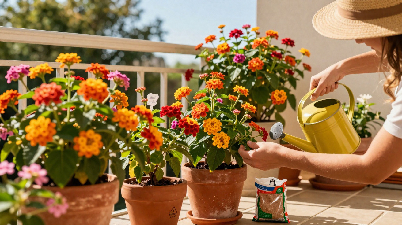 Person watering vibrant orange, red, and pink flowers in terracotta pots on a sunny balcony.