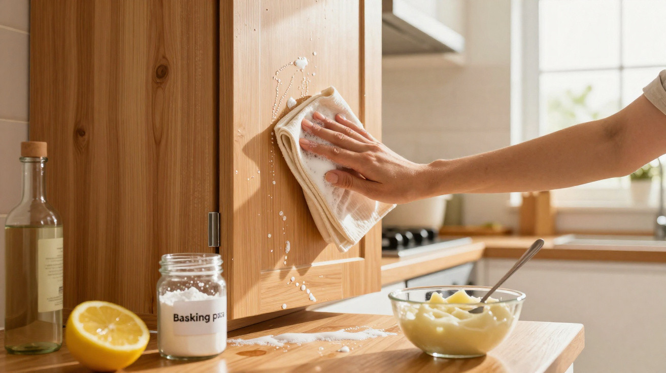 Hand wiping wooden kitchen cabinet with cloth, baking powder jar, lemon half, and bowl on countertop.