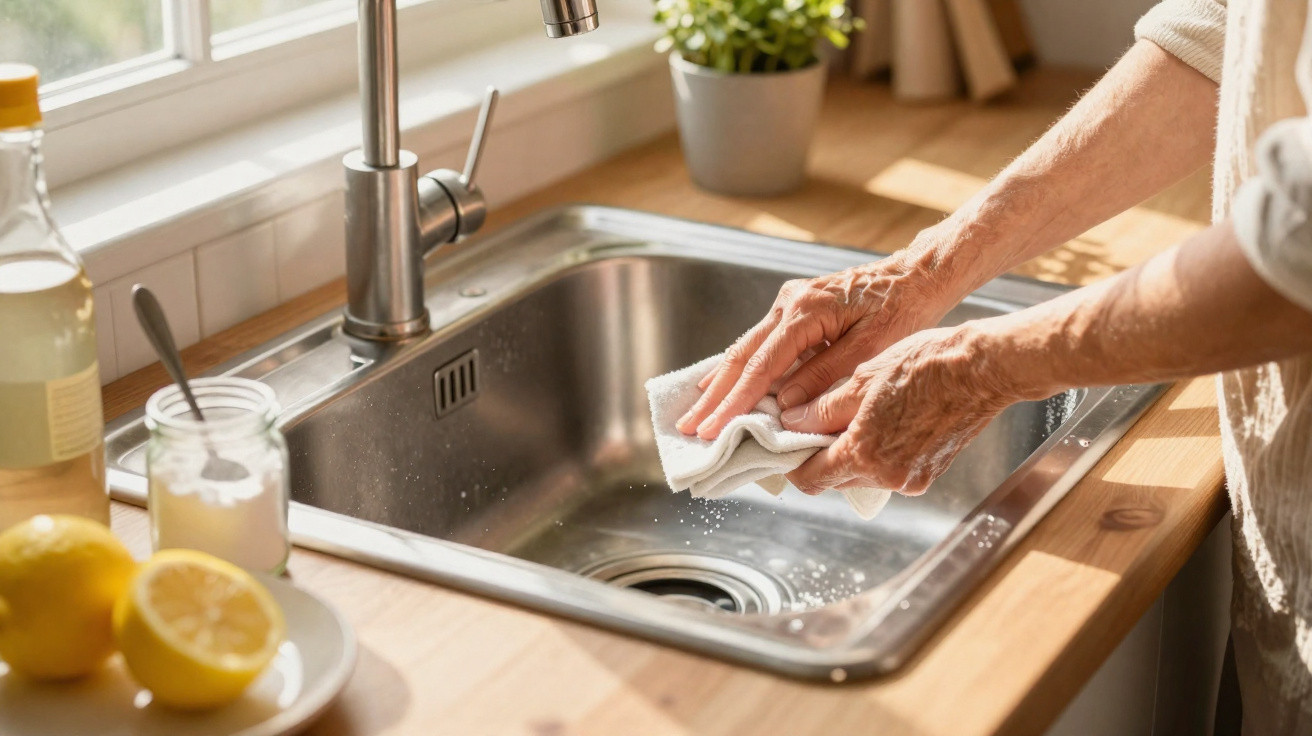 Elderly person drying hands with towel over a clean stainless steel kitchen sink near a window.