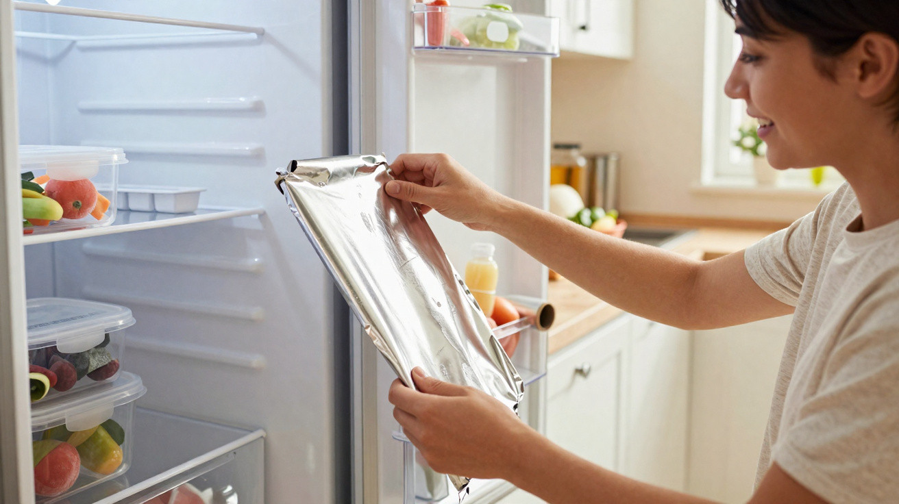 Woman placing a foil-covered tray into a fridge filled with containers of fresh fruits and vegetables.