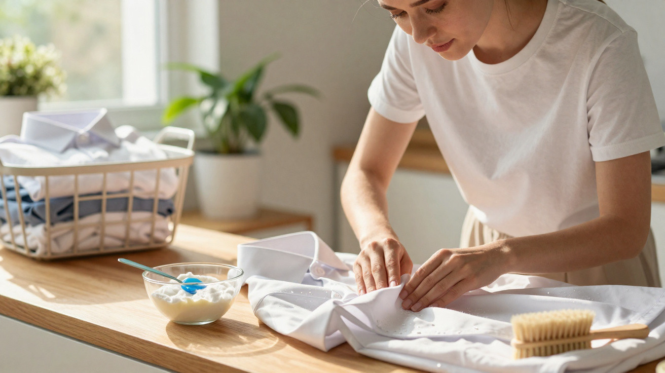 Woman applying stain remover to a white shirt on a wooden table with a brush and cleaning solution nearby