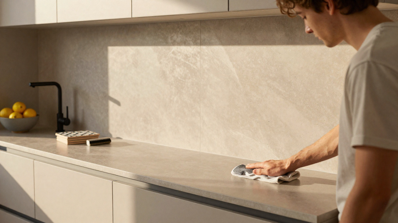 Person cleaning a modern beige kitchen countertop with a cloth in natural sunlight.