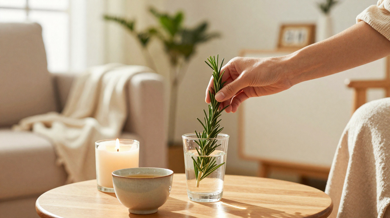 Hand placing a sprig of rosemary in a glass of water on a wooden table with a lit candle and bowl nearby.