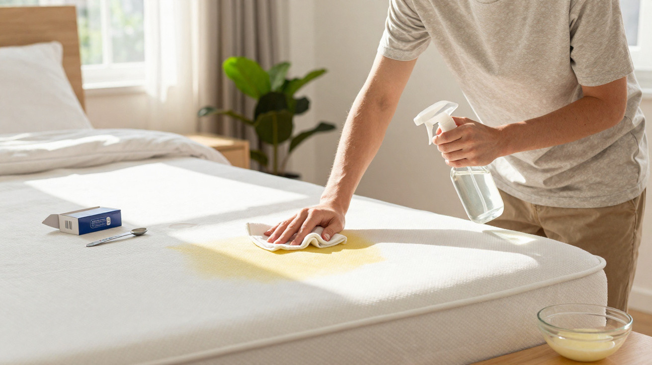 Person cleaning a yellow stain on a white mattress with spray bottle and cloth in a sunlit bedroom.
