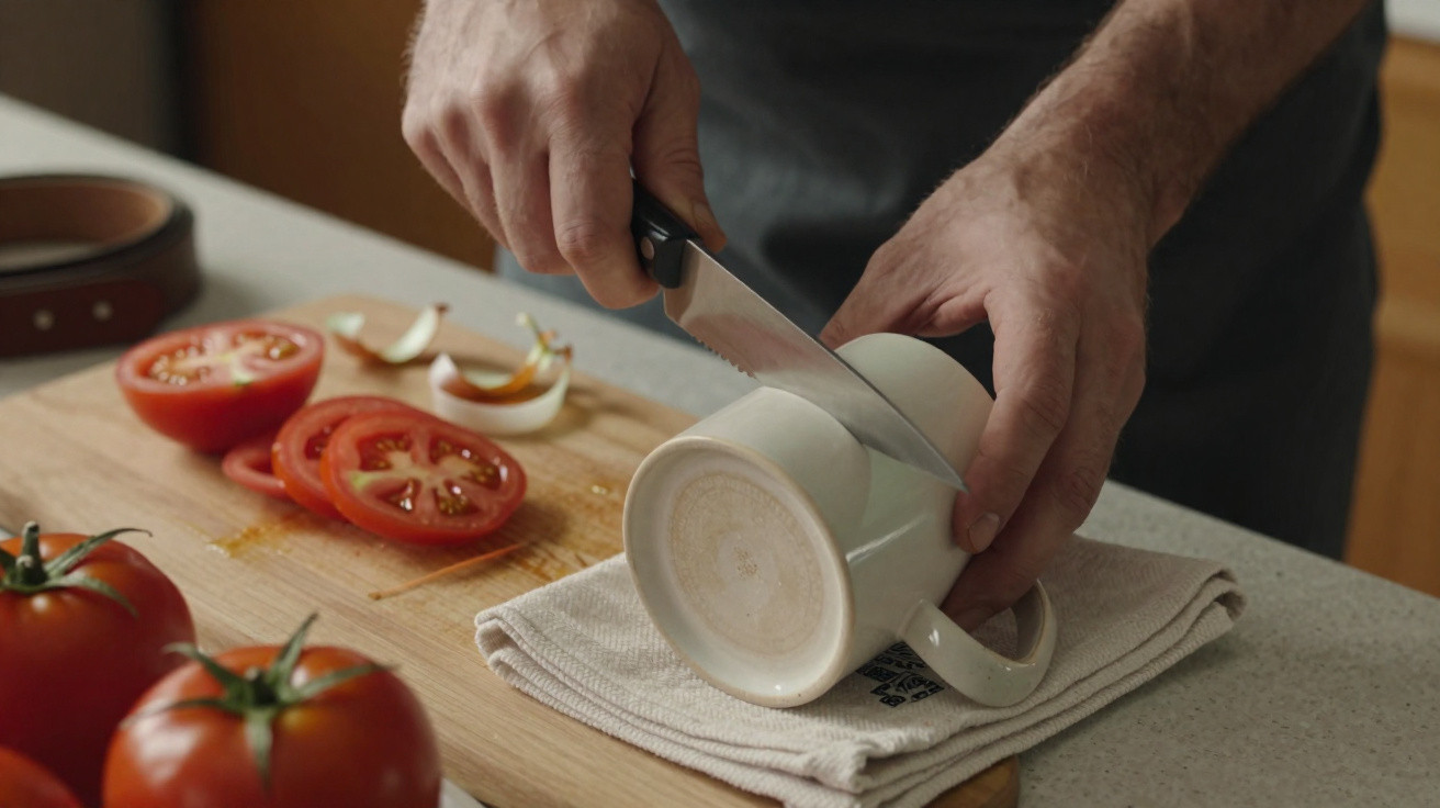 Person cutting the base of a white ceramic mug with a knife on a kitchen counter with tomatoes nearby.