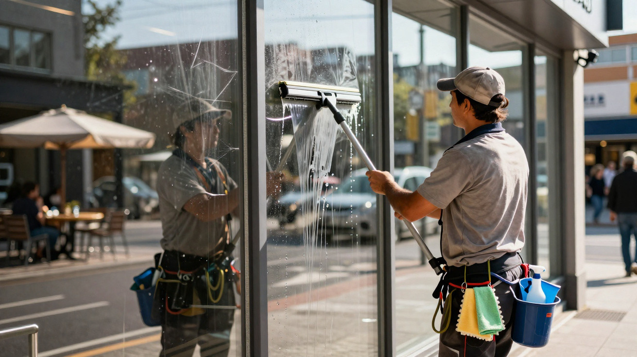 Window cleaner wiping soap and water off a large glass storefront on a city street.