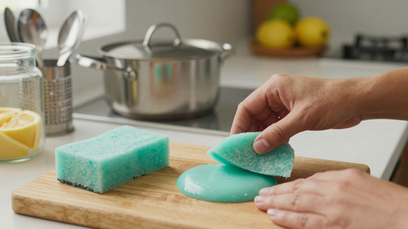 Hands folding a blue cleaning sponge over a puddle of dish soap on a wooden board in a kitchen.