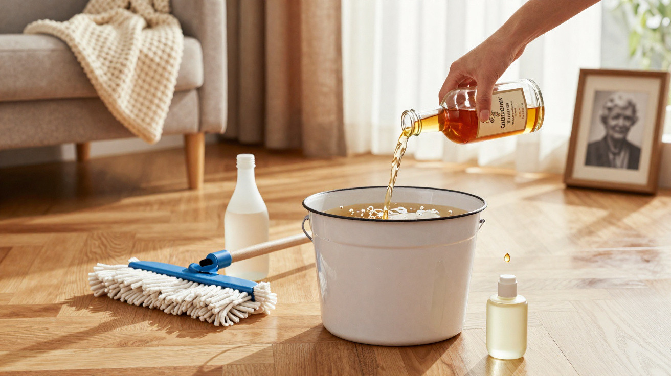Hand pouring cleaner from a bottle into a white bucket with mop and cleaning supplies on wooden floor.