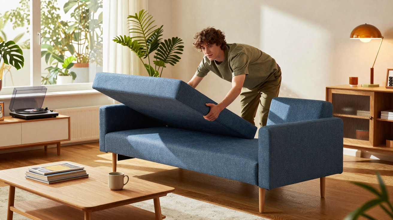 Person lifting the seat of a blue sofa bed in a bright, modern living room with wooden furniture and plants.