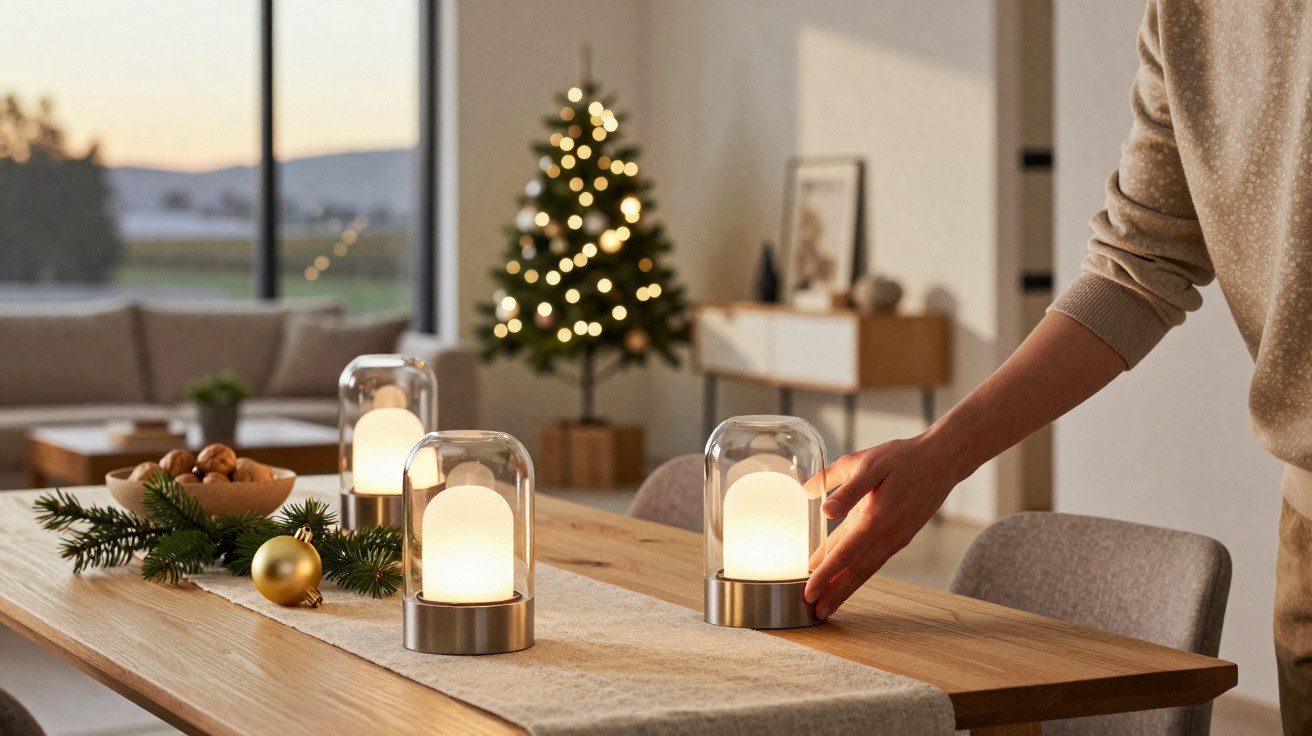 Hand adjusting modern candle lamp on wooden table with Christmas tree and festive decor in background.