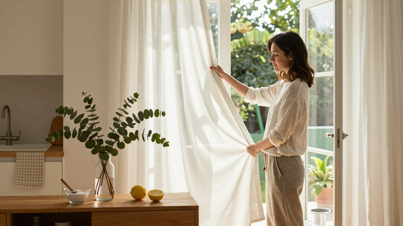 Woman opening sheer white curtains in a bright kitchen with plants and lemons on the counter.