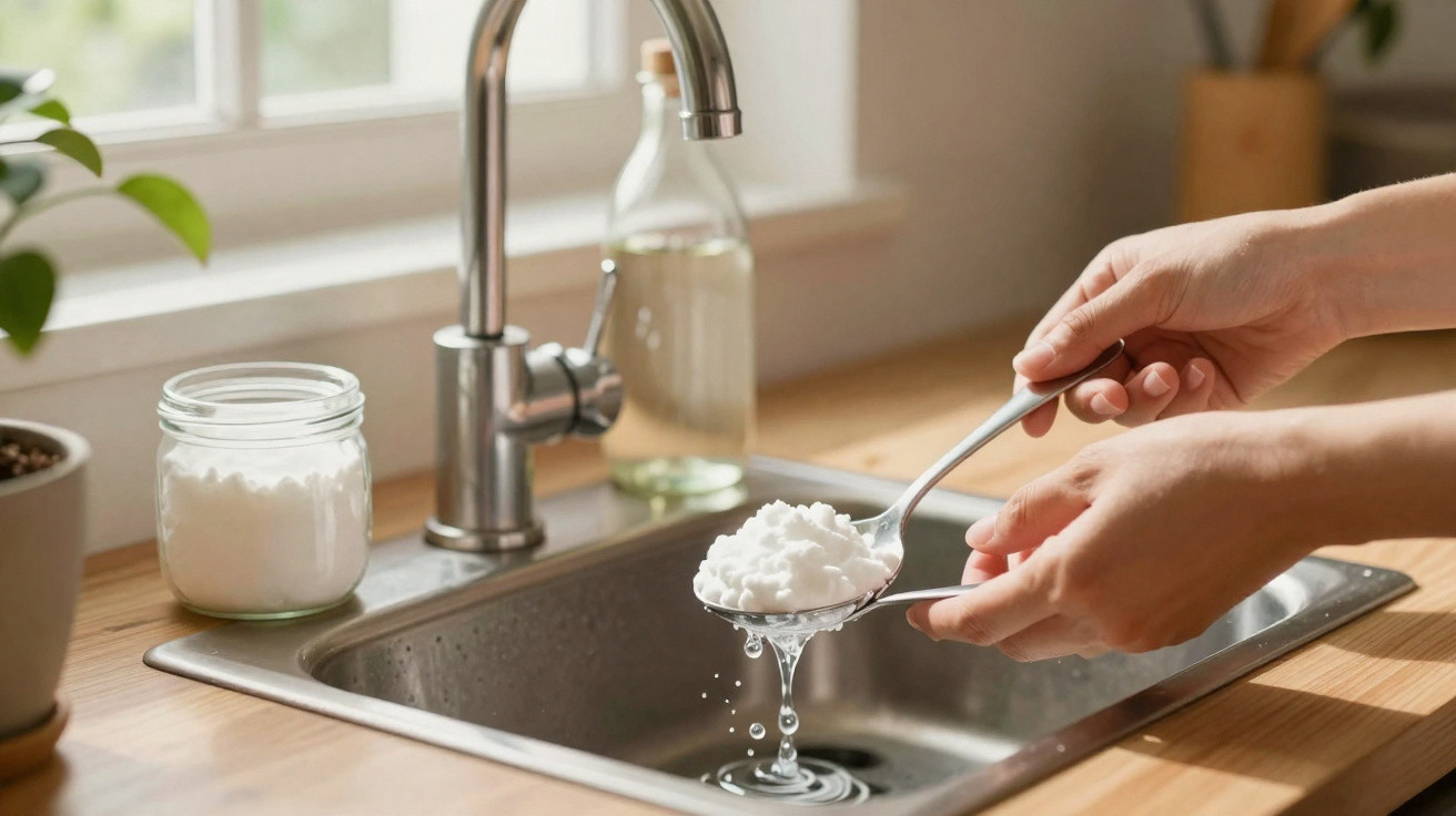 Hands rinsing a spoonful of white baking soda under a kitchen sink tap with a jar of baking soda nearby.