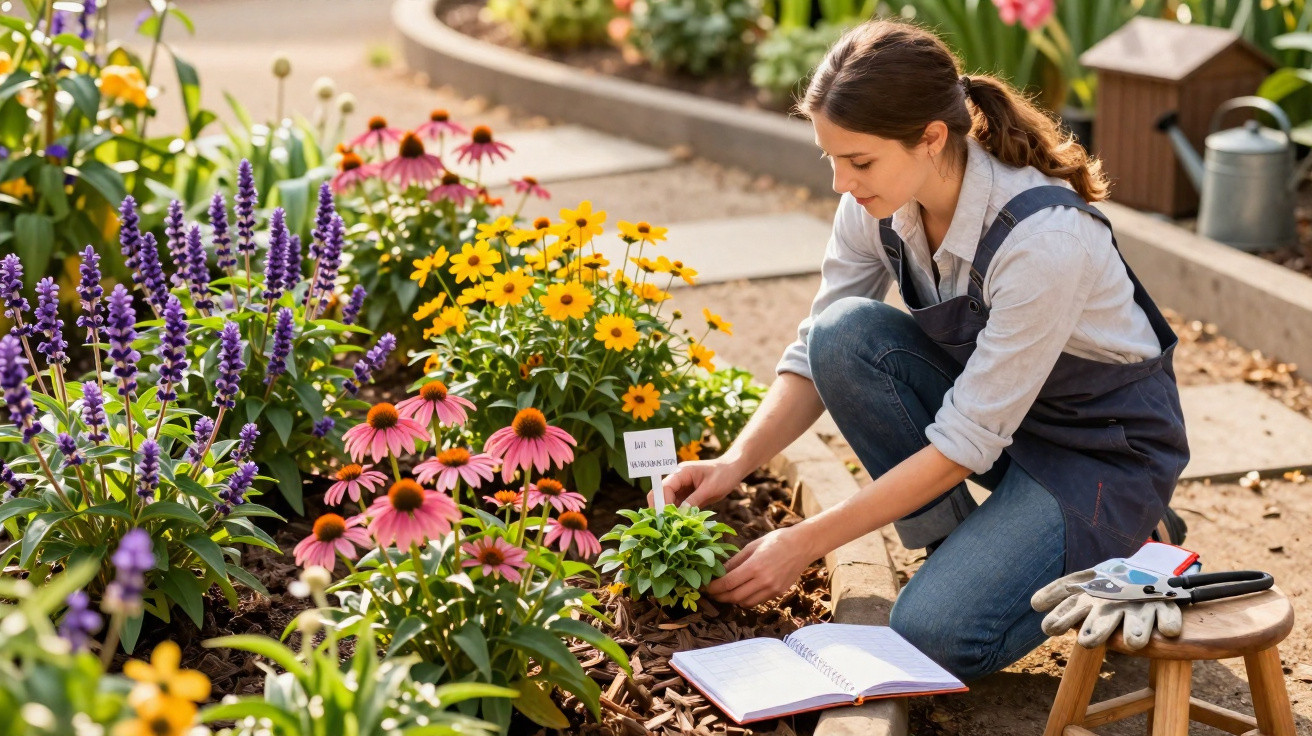 Woman planting flowers in a colourful garden bed while referencing a notebook and labelled plants.