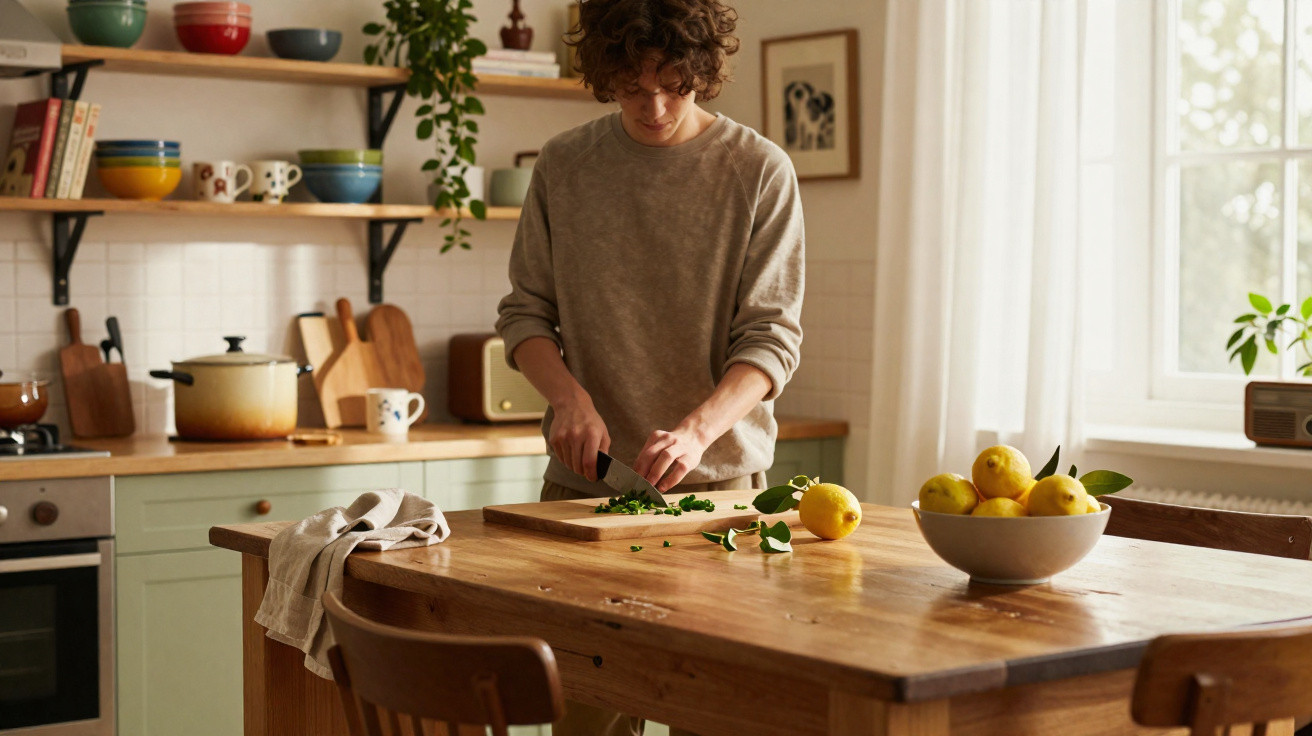 Person chopping herbs on a wooden chopping board in a cosy kitchen with lemons in a bowl on the table.